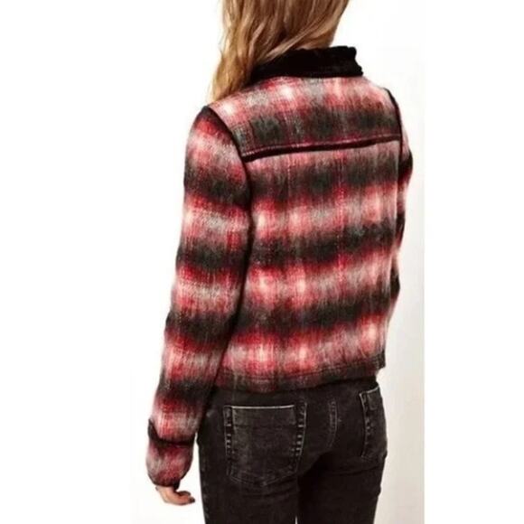 Free People Size EST S Red Wool Jacket Plaid Military Black Velvet Trim - Picture 2 of 15